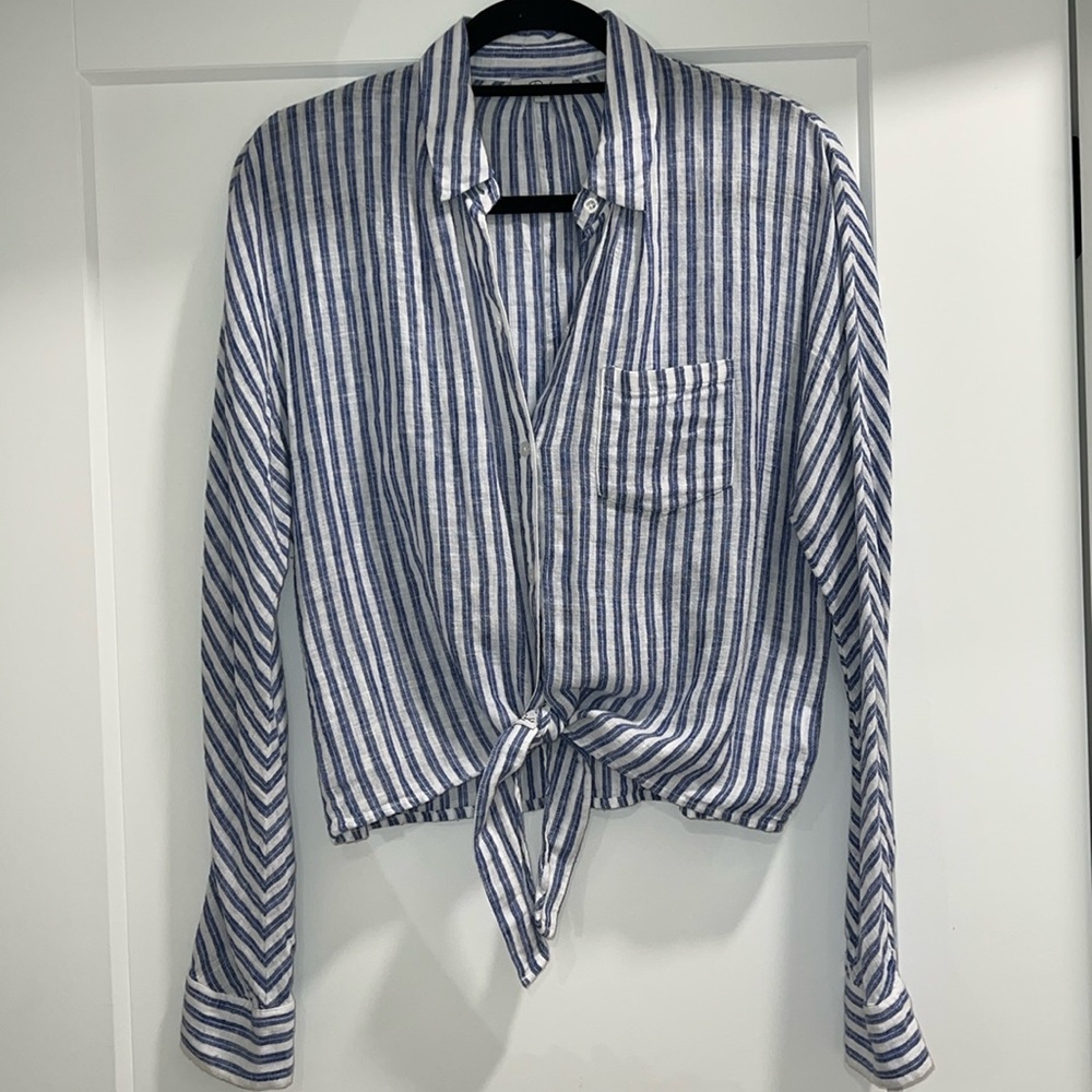 Rails Stripe Front Tie Linen Blouse